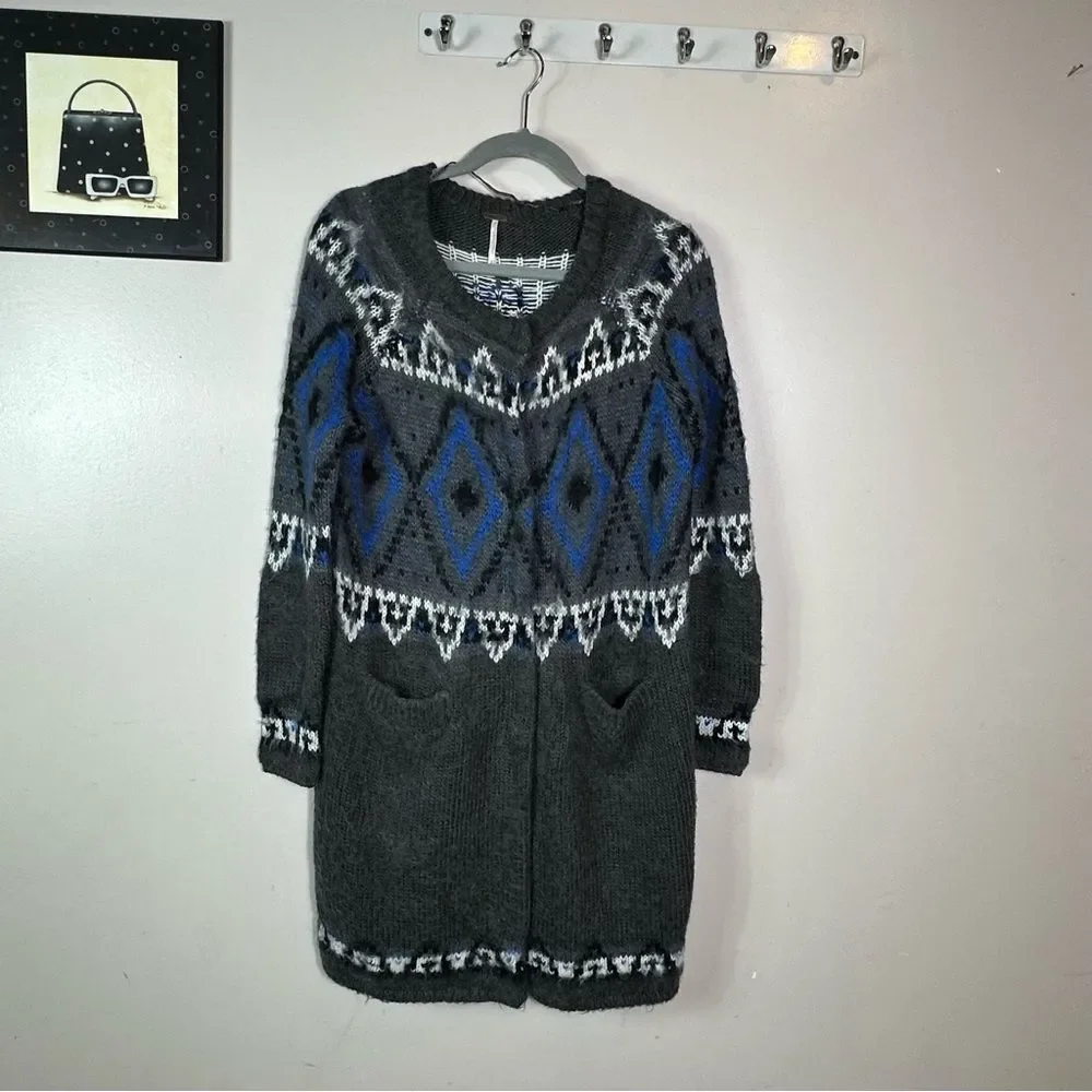 Free People Gray and Blue Geometric Cardigan 13% wool